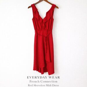 French Connection Red Sleeveless V-Neck Tie Waist Midi Dress Size 4